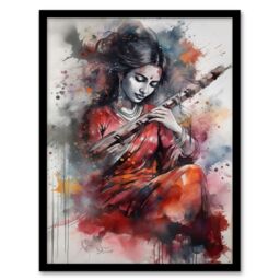 Artery8 Wall Art Print Woman Playing Classical Indian Folk Music Watercolour Artwork Ragini Musician Portrait Art Framed in Grey - Size: A4 - thumbnail 1