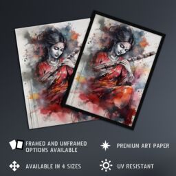 Artery8 Wall Art Print Woman Playing Classical Indian Folk Music Watercolour Artwork Ragini Musician Portrait Art Framed in Grey - Size: A4 - thumbnail 2