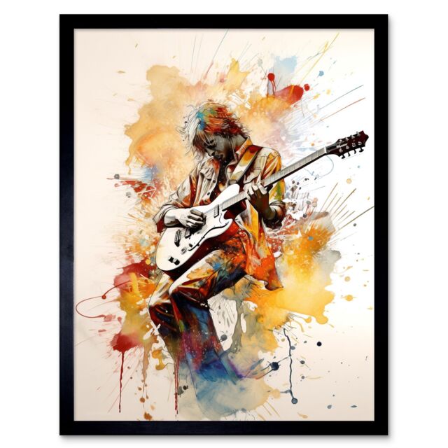 "Artery8 Wall Art Print Guitarist Musician Playing Solo on Electric Guitar Modern Watercolour Art Framed in Black - Size: W12"" x H16""" - image 1