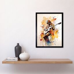 "Artery8 Wall Art Print Guitarist Musician Playing Solo on Electric Guitar Modern Watercolour Art Framed in Black - Size: W12"" x H16""" - thumbnail 2