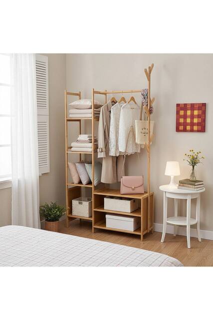Living and Home Multifunctional Coat Rack with Hanging Rod & Shelves in Natural - Size: Medium - image 1