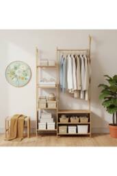 Living and Home Multifunctional Coat Rack with Hanging Rod & Shelves in Natural - Size: Medium - thumbnail 2