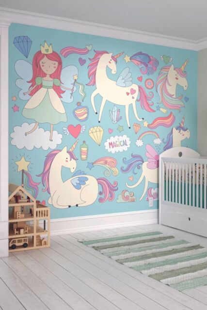 Origin Murals Princess Unicorn Wall Mural in Blue - Size: W350 cm x H280 cm - image 1