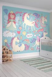 Origin Murals Princess Unicorn Wall Mural in Blue - Size: W350 cm x H280 cm - thumbnail 1