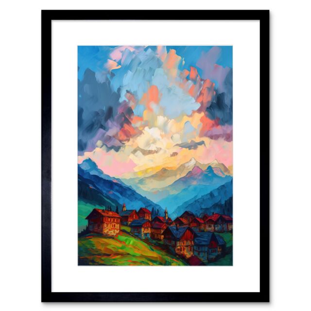Artery8 Wall Art Print Atmospheric Clouds at Dawn Over Small Village Houses in the Alps Modern Watercolour Painting Artwork Framed 9X7 Inch - image 1