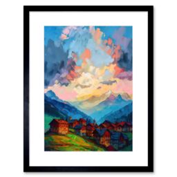 Artery8 Wall Art Print Atmospheric Clouds at Dawn Over Small Village Houses in the Alps Modern Watercolour Painting Artwork Framed 9X7 Inch - thumbnail 1