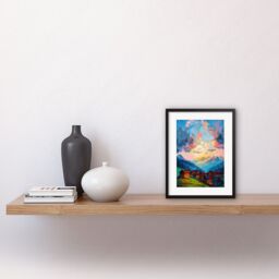 Artery8 Wall Art Print Atmospheric Clouds at Dawn Over Small Village Houses in the Alps Modern Watercolour Painting Artwork Framed 9X7 Inch - thumbnail 2