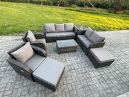 Fimous Patio Garden Furniture Sets Wicker Outdoor Rattan Furniture Sofa Sets with Rectangular Coffee Table Loveseat Sofa in Dark Grey - thumbnail 2