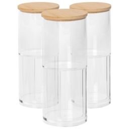 Harbour Housewares Reusable Plastic Stacking Bathroom Canisters with Bamboo Lid - Pack of 3 in Clear