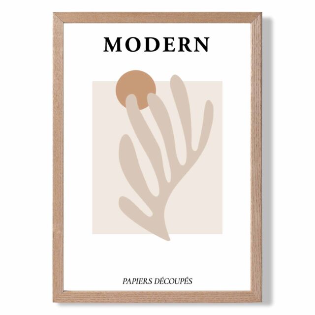ARTZE Matisse Floral Cutout Beige & Orange Mid Century Framed Print SIZE: A2 with Oak Frame - Size: A4 - image 1