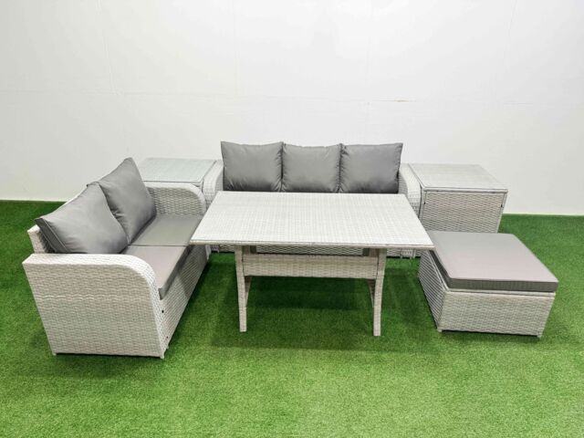 Fimous 6 Seater PE Rattan Wicker Garden Furniture Patio Conservatory Sofa Set w/ Rectangular Dining Table 3 Seater Sofa Love Sofa Big Footstool 2 - image 1