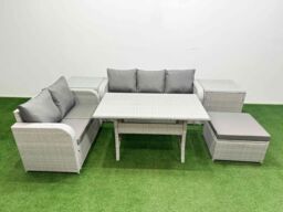 Fimous 6 Seater PE Rattan Wicker Garden Furniture Patio Conservatory Sofa Set w/ Rectangular Dining Table 3 Seater Sofa Love Sofa Big Footstool 2 - thumbnail 2