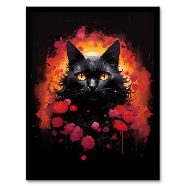 "Artery8 Wall Art Print Black Cat Lover Gift Pet Portrait Red Roses Orange Flames Artwork Painting Art Framed - Size: W12"" x H16""" - image 1