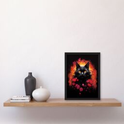 "Artery8 Wall Art Print Black Cat Lover Gift Pet Portrait Red Roses Orange Flames Artwork Painting Art Framed - Size: W12"" x H16""" - thumbnail 4