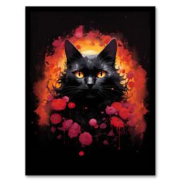 "Artery8 Wall Art Print Black Cat Lover Gift Pet Portrait Red Roses Orange Flames Artwork Painting Art Framed - Size: W12"" x H16""" - thumbnail 1