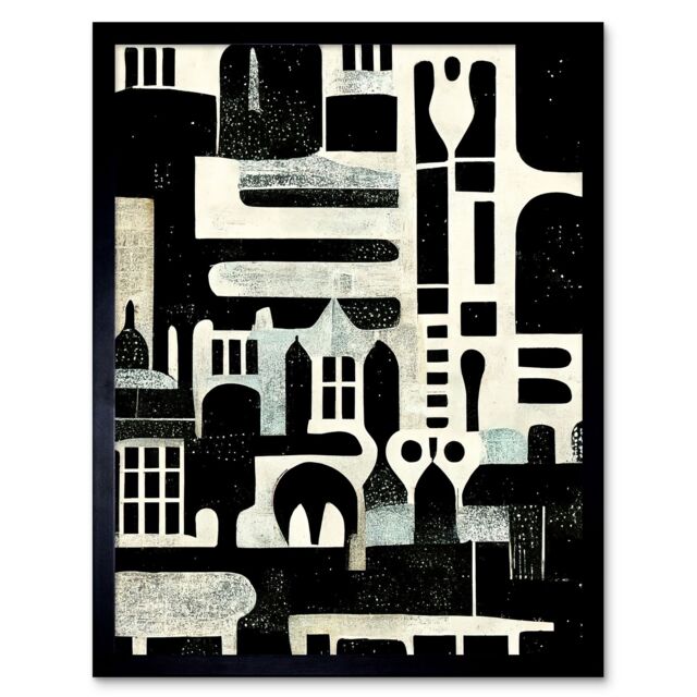 "Artery8 Wall Art Print Bold Monochrome Modern Vintage Abstract Geometric Black White Cream Grey Art Framed - Size: W12"" x H16""" - image 1
