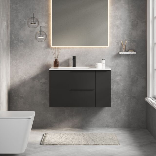 Banyetti Celtic Duo 800mm Wall Hung Vanity Unit with Door & Basin - Matt Black - image 1