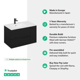 Banyetti Celtic Duo 800mm Wall Hung Vanity Unit with Door & Basin - Matt Black - thumbnail 2