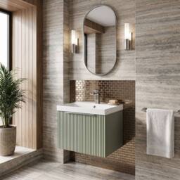 Balterley Tixall Fluted 1 Drawer Wall Hung Vanity Basin Unit, Satin Green, 500mm in Green - thumbnail 4