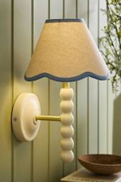 ValueLights Bobbins Cream Bobble Wall Light & Colour Trim Linen Lamp Shade in Baby Blue