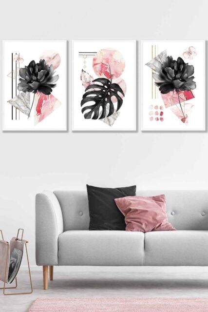 ARTZE Set of 3 White Framed Abstract Pink & Black Botanical Wall Art in Bright Pink - Size: W33 cm x H45 cm x D20mm - image 1