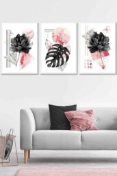 ARTZE Set of 3 White Framed Abstract Pink & Black Botanical Wall Art in Bright Pink - Size: W33 cm x H45 cm x D20mm - thumbnail 1