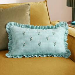 Furn Les Petite Fleurs 100% Cotton Gingham Ruffle Cushion in Green - Size: 30 cm x 50 cm