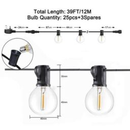 LED Outdoor Festoon Lights Garden String Lights 12M 25 x G40 Bulbs Included, IP44, Warm White, Mains Powered - thumbnail 4