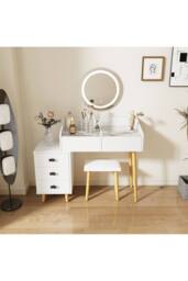 Home Source Dressing Table Vanity Desk Integrated Lighting Mirror Cushioned Stool in White - thumbnail 2