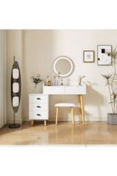 Home Source Dressing Table Vanity Desk Integrated Lighting Mirror Cushioned Stool in White
