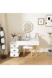 Home Source Dressing Table Vanity Desk Integrated Lighting Mirror Cushioned Stool in White - thumbnail 3