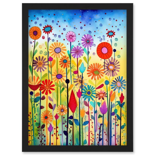 Artery8 Tall Mixed Flowers Folk Art Watercolour Painting Artwork Framed Wall Art Print A4 in Black - image 1