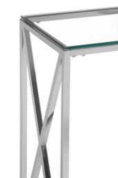 Orsina Silver Glass Console Table with Stainless Steel Frame, Clear Tempered Glass Hallway Console, Entryway Table - thumbnail 5
