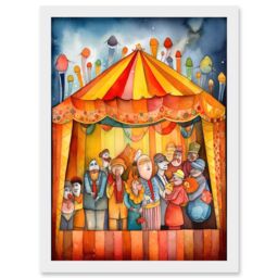 Artery8 Puppet Theatre Stage End of Show Applause Modern Folk Art Watercolour Painting Artwork Framed Wall Art Print A4 in White - thumbnail 1