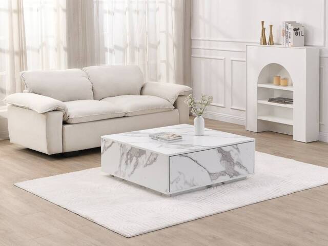 Vente-unique Coffee Table With 2 Drawers In MDF - W90 Cm - White Marble Effect - image 1