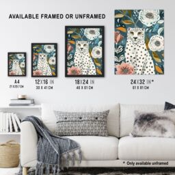 Artery8 Snow Leopard Floral Pattern Watercolour Folk Art Framed Wall Art in Blue - Size: A4 - thumbnail 3