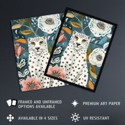 Artery8 Snow Leopard Floral Pattern Watercolour Folk Art Framed Wall Art in Blue - Size: A4 - thumbnail 2