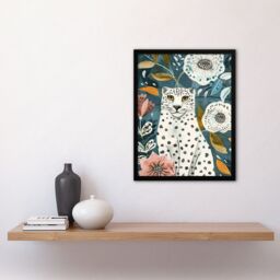 Artery8 Snow Leopard Floral Pattern Watercolour Folk Art Framed Wall Art in Blue - Size: A4 - thumbnail 4