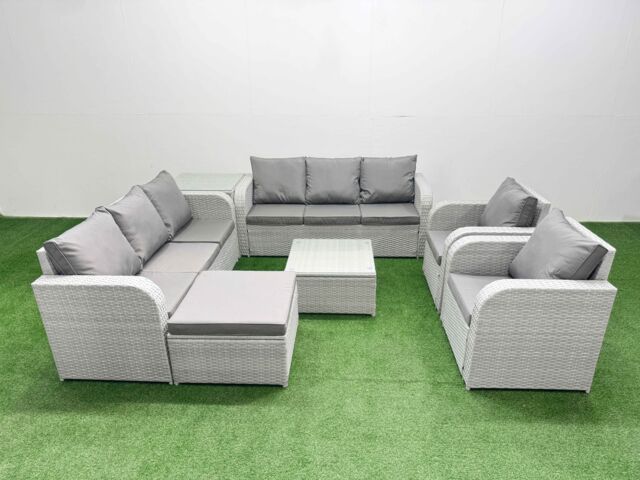 Fimous PE Rattan High Back Lounge Sofa Set Patio Square Coffee Table & Chairs Set w/ 3 Seater Sofa Reclining Chair Big Footstool Side Table Light Grey - image 1