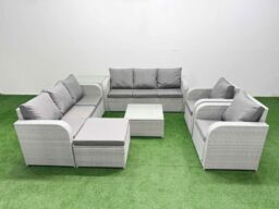 Fimous PE Rattan High Back Lounge Sofa Set Patio Square Coffee Table & Chairs Set w/ 3 Seater Sofa Reclining Chair Big Footstool Side Table Light Grey - thumbnail 2