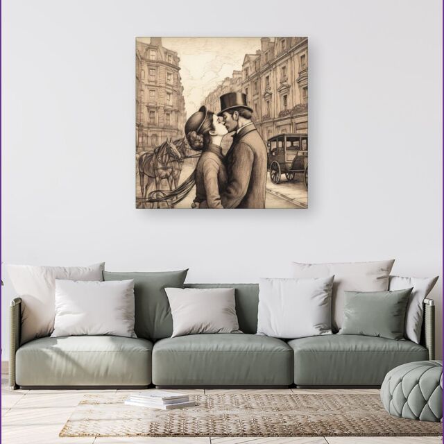 Warren Reed - Designer Sharing A Kiss Canvas in Black - Size: w40 inch x h40 inch - image 1