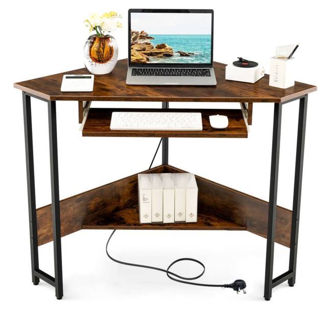 Costway Corner Desk Small Computer Desk Triangle Laptop Workstation in Brown - image 1