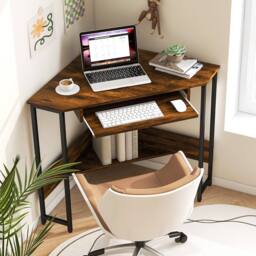 Costway Corner Desk Small Computer Desk Triangle Laptop Workstation in Brown - thumbnail 3