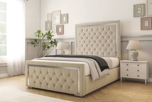 "Comfort Beds Sofia Chrome Plush Bed Frame - 50"" Upholstered Headboard in Cream - Size: Super King" - image 1
