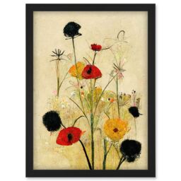 Artery8 Red Poppies & Yellow Marigolds Wild Flowers Artwork Framed Wall Art Print A4 in Black - thumbnail 1