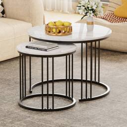 Huhote Nesting Tables Set of 2 with Black or Gold Frame & White Marble Top - thumbnail 2