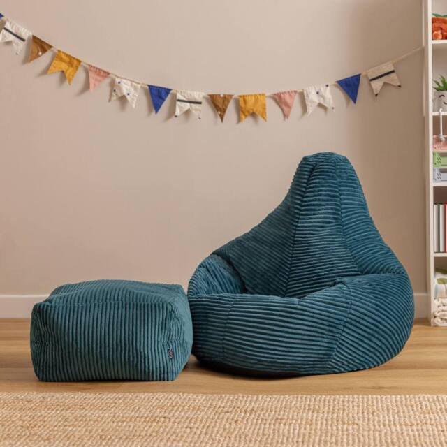 icon Kids Bean Bag Recliner & Footstool Bundle, Jumbo Cord in Teal - Size: Medium - image 1
