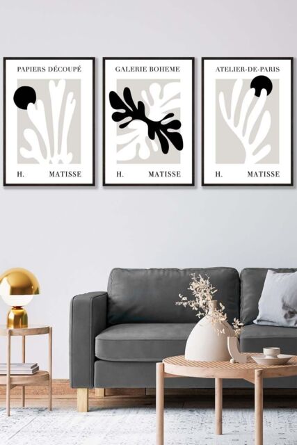 ARTZE Set of 3 Black Framed Matisse Floral Cut Out Style in Black & Beige Wall Art - Size: W33 cm x H45 cm x D20mm - image 1