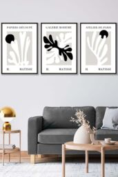 ARTZE Set of 3 Black Framed Matisse Floral Cut Out Style in Black & Beige Wall Art - Size: W33 cm x H45 cm x D20mm - thumbnail 1