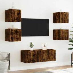 Berkfield Home TV Wall Cabinet with LED Lights Smoked Oak 30.5x35x30 cm in Brown - thumbnail 6